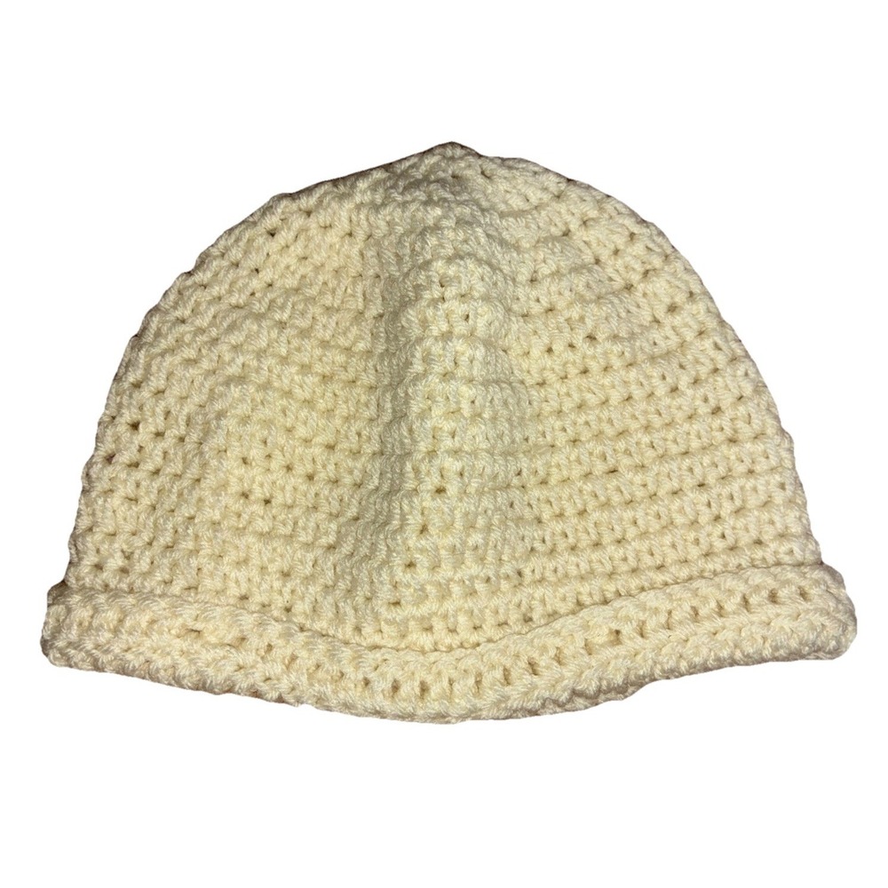 Beanie‎ Hat Women's Natural White Crochet Handmade Fold Over Hem One Size NEW